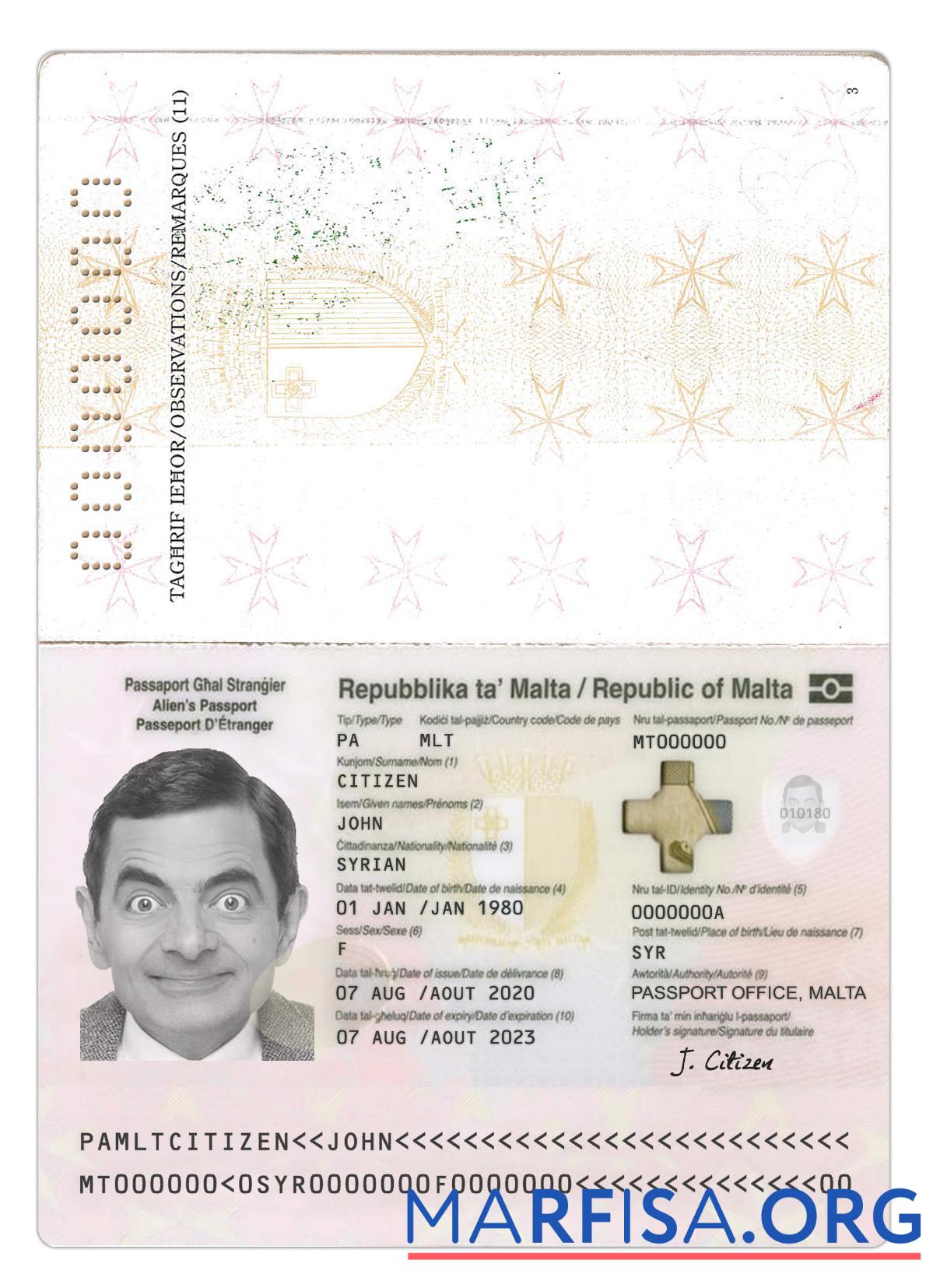 Blank Malta passport 2020 present sample